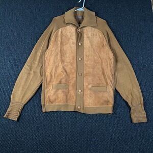 TUNDRA Vintage Suede Panel Wool Cardigan Sweater Mens‎ Tan Leather Elbow Patches